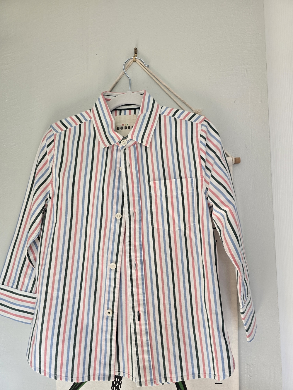 Boden White Button-Down Shirt with Blue, Green and Pink Stripes